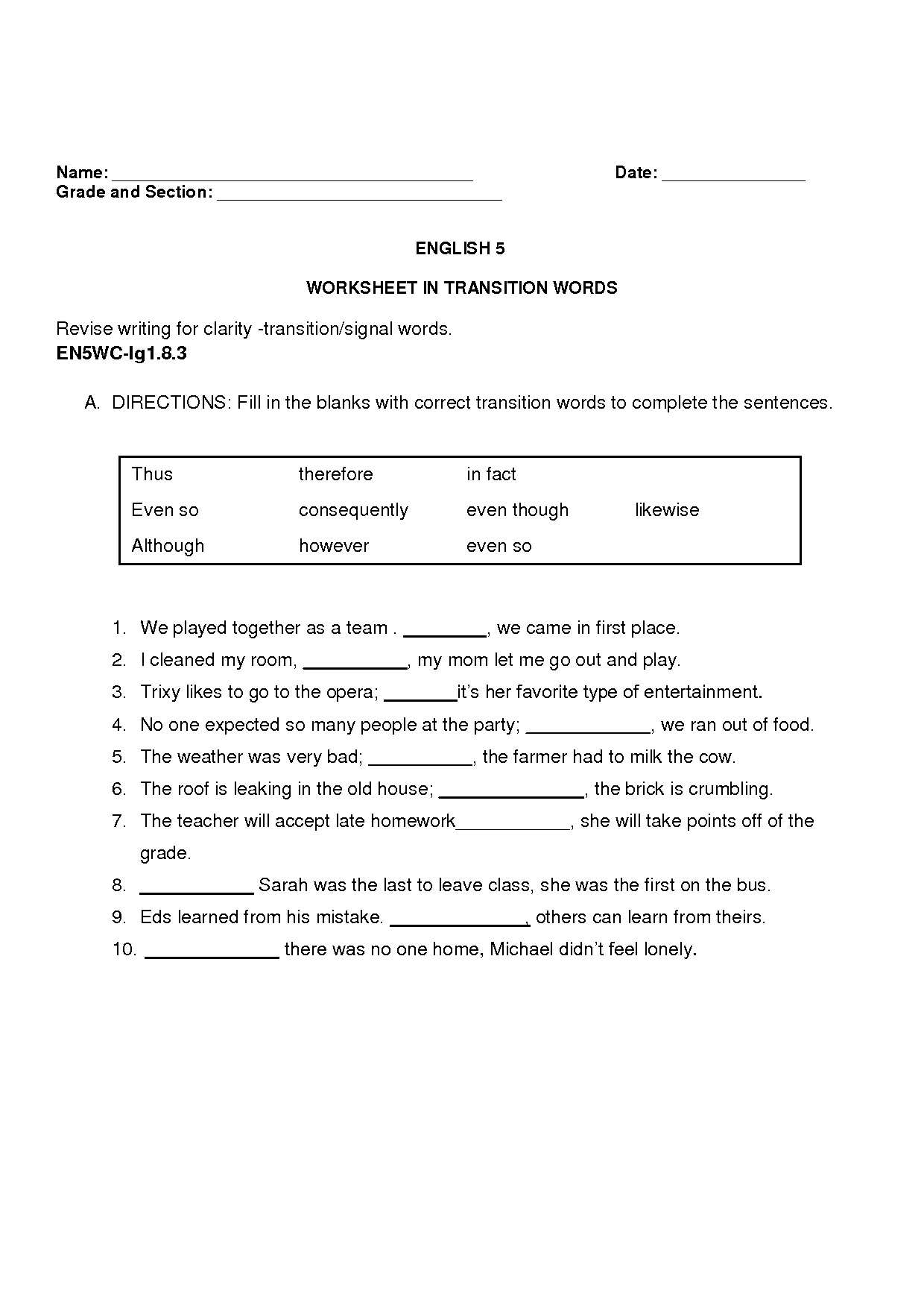 SOLUTION Worksheet In Transition Words Studypool Worksheets Library