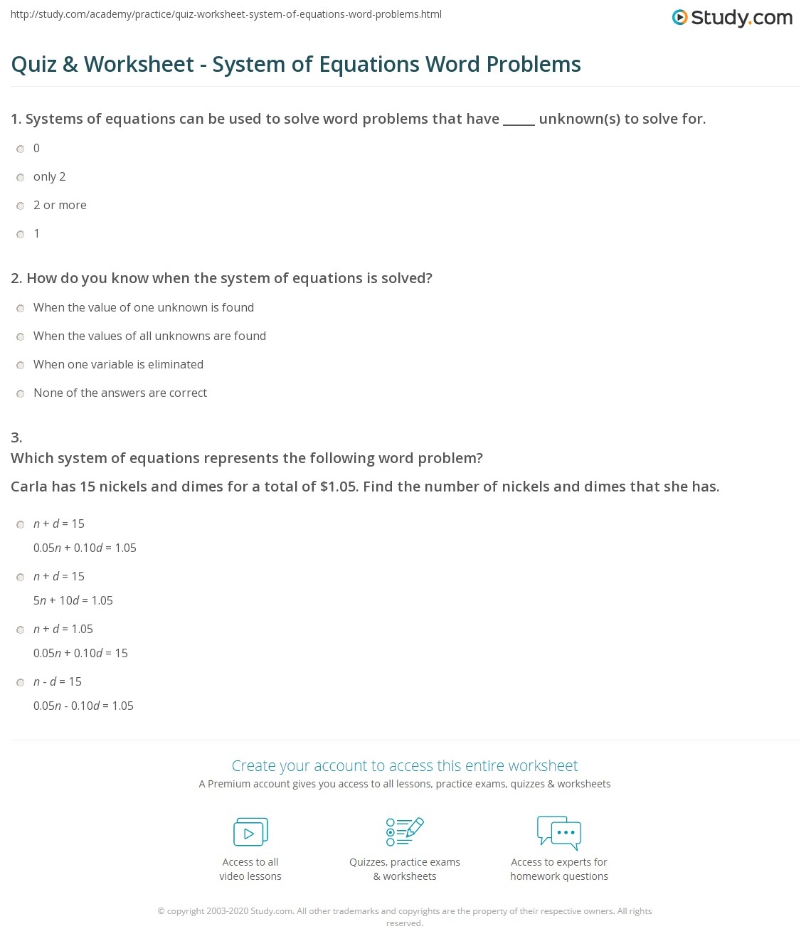 Solve Systems Of Equations Word Problems Worksheets Practice Problems