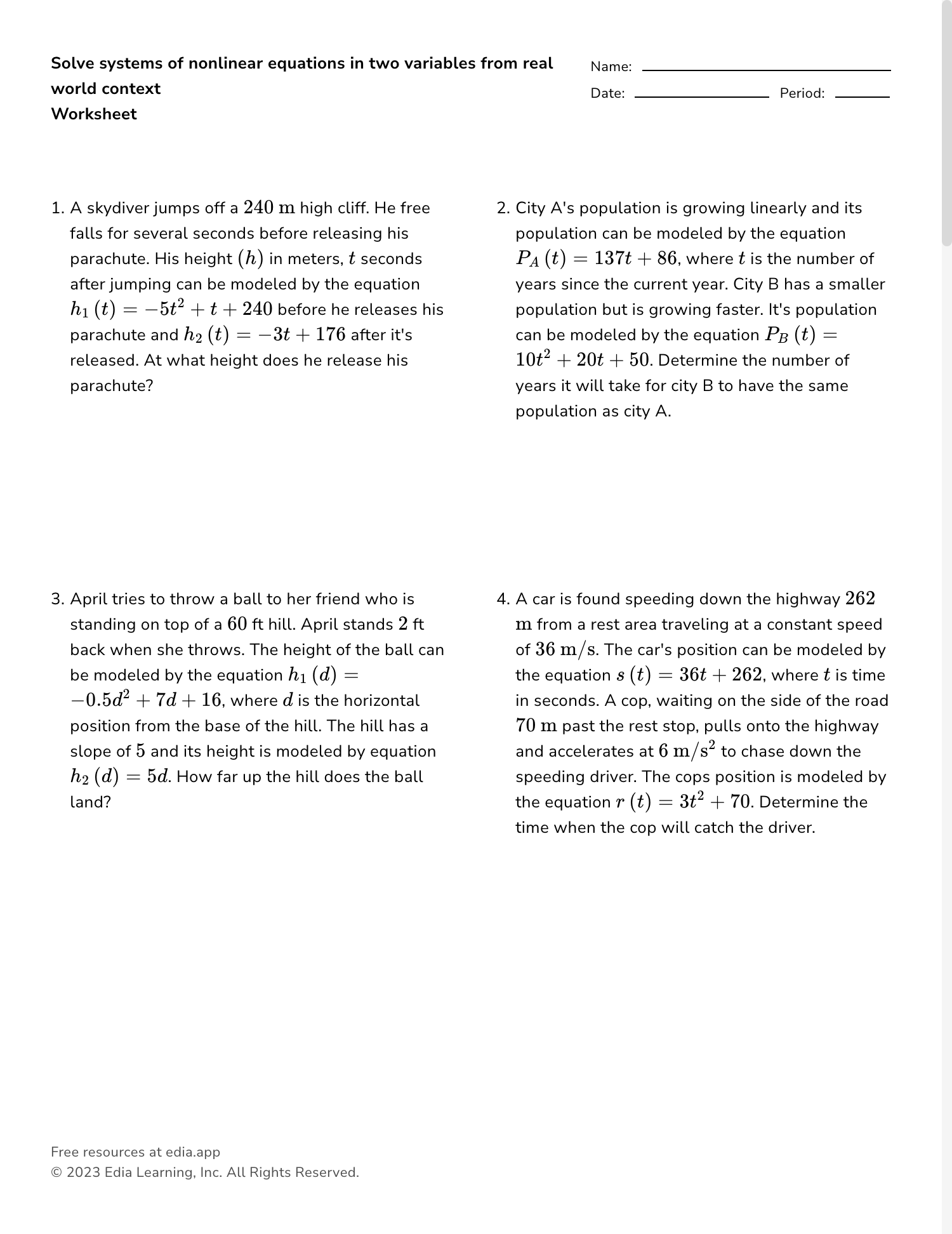 Solve Systems Of Nonlinear Equations In Two Variables From Real World Context Worksheet