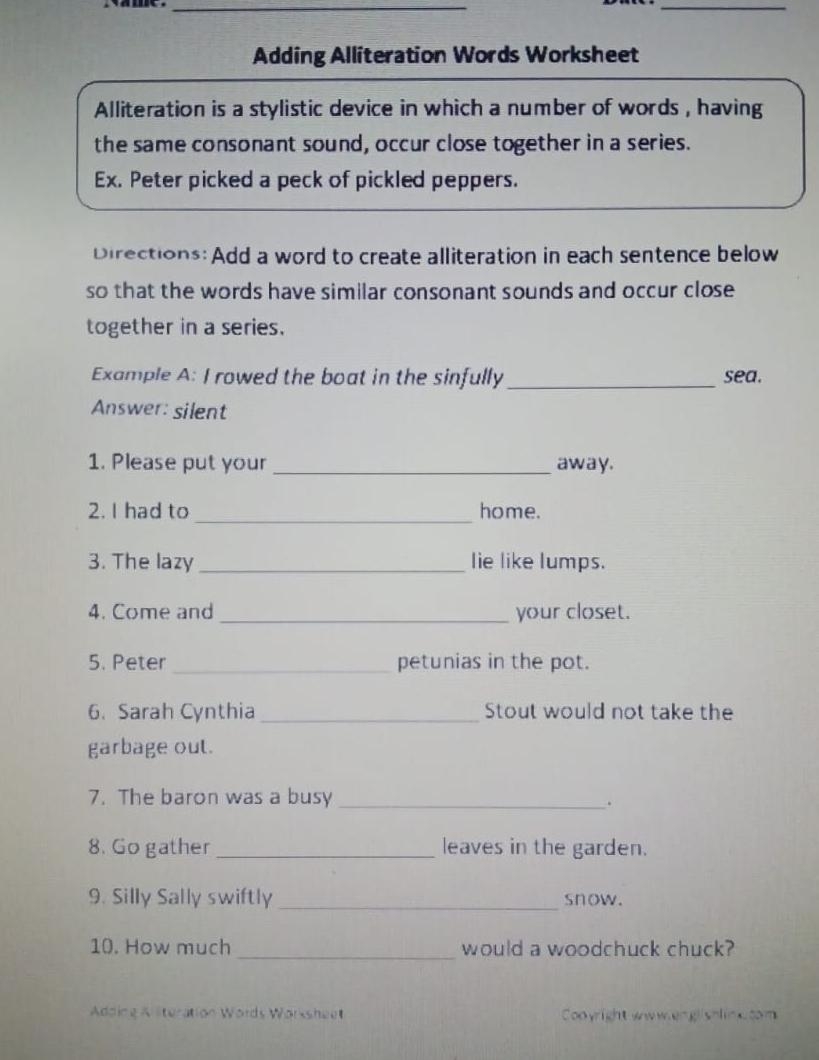Alliteration Worksheets Adding Alliteration Worksheets