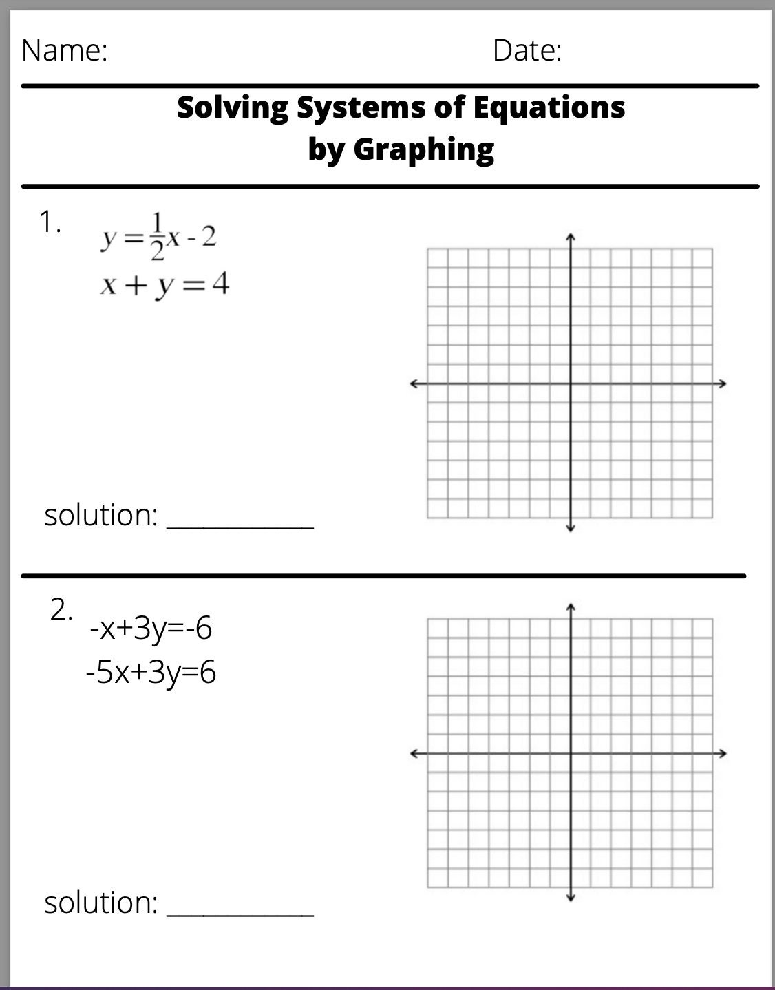 Solving Systems Of Equations By Graphing Worksheet Etsy Denmark