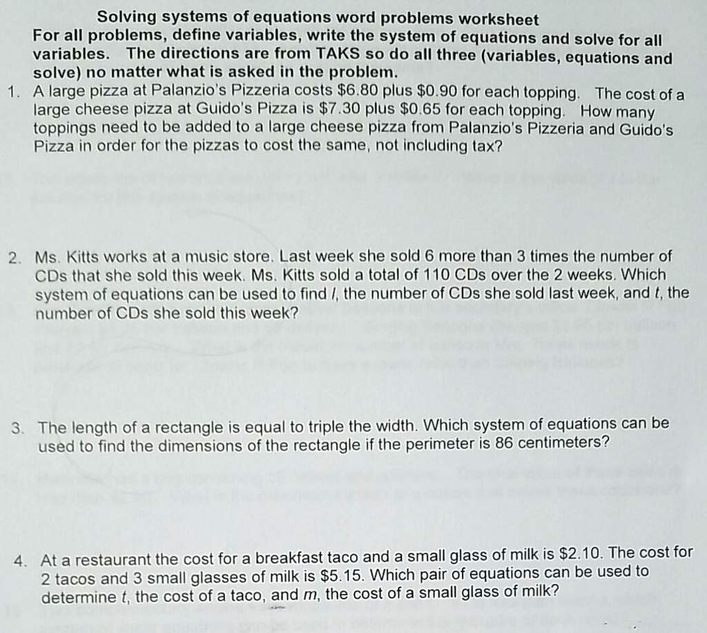Solving Systems Of Equations Word Problems Worksheet For All Worksheets Library