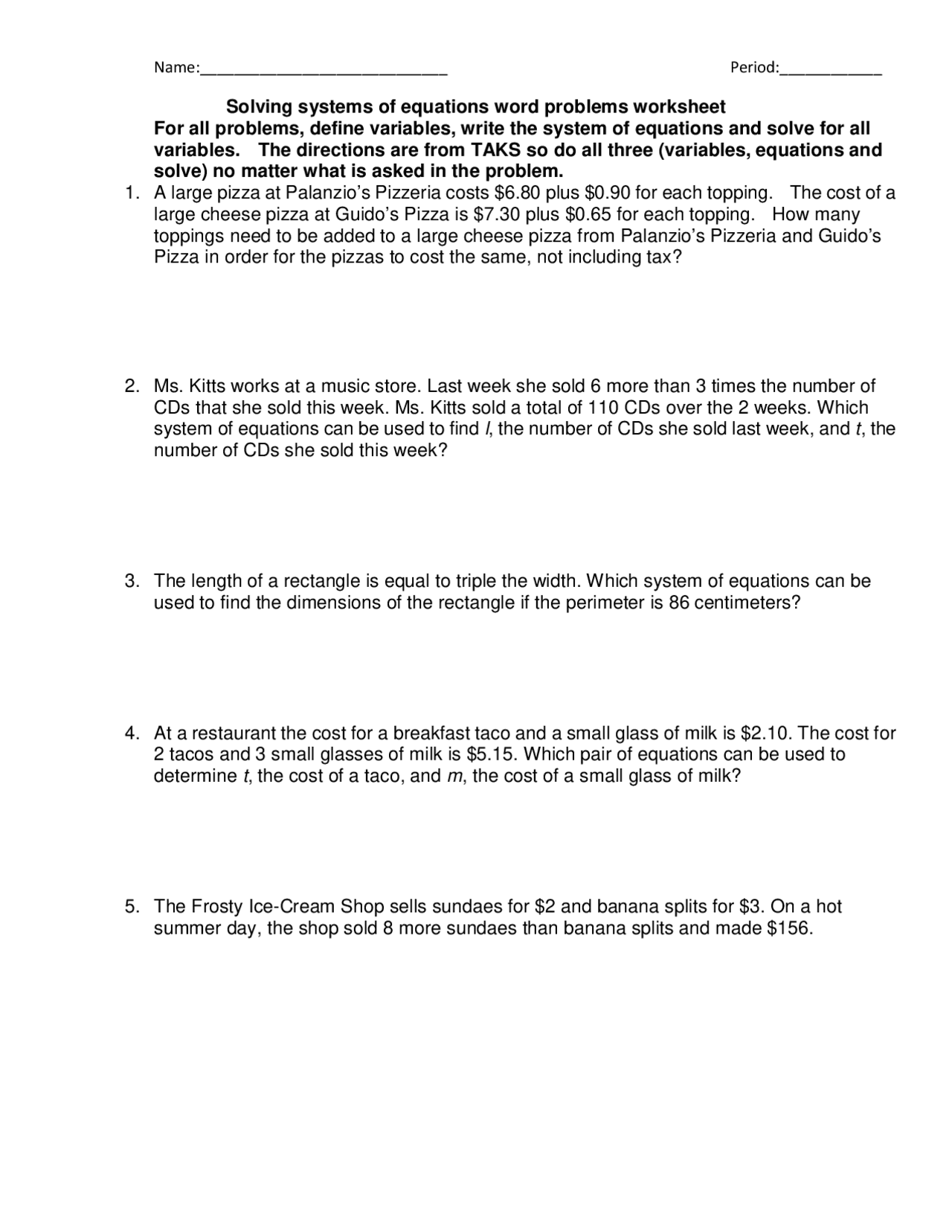 Systems Of Linear Equations Word Problems INB Page Mrs E Worksheets Library