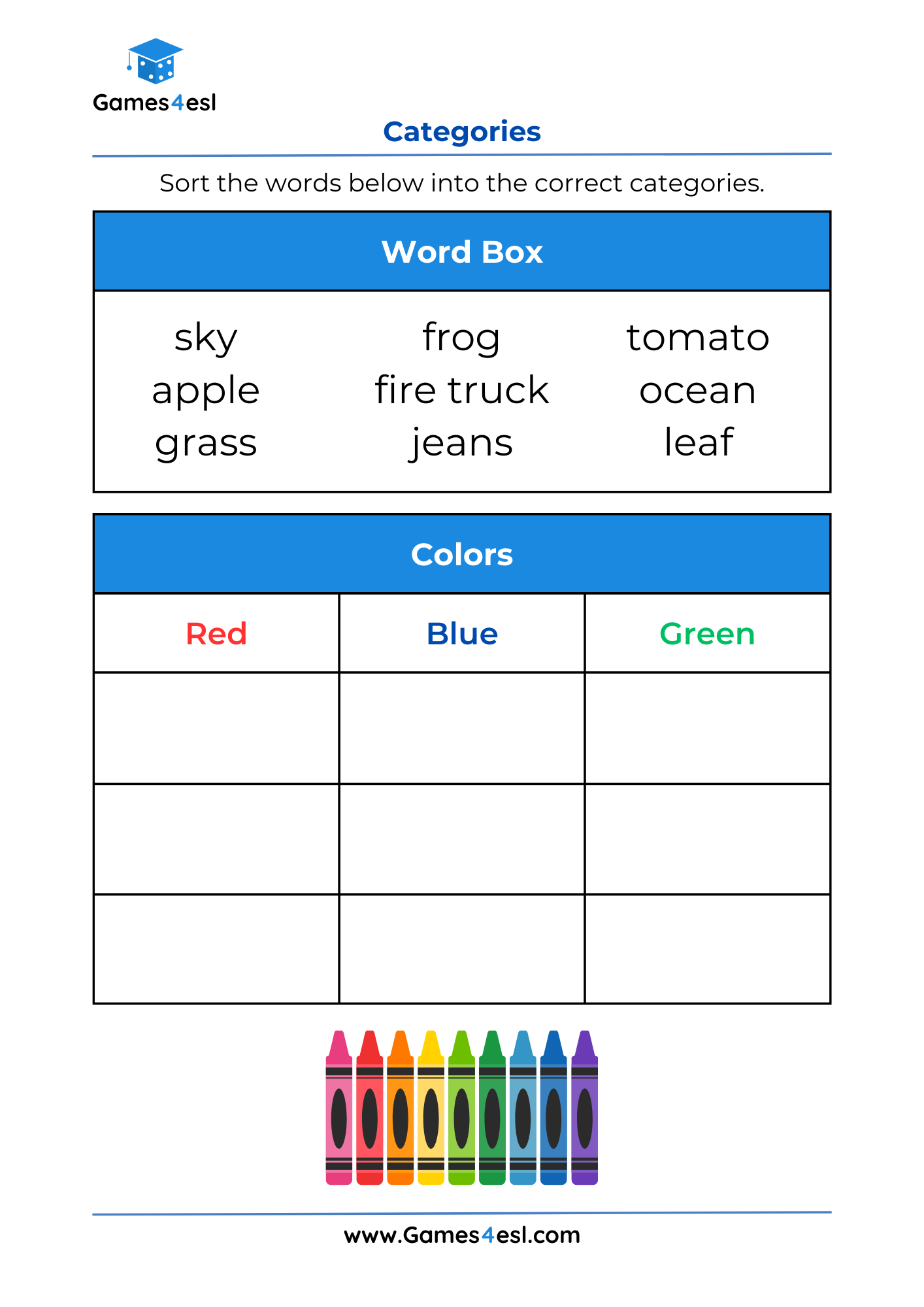 Sorting Worksheets For Grade 1 Sorting Words Into Categories Games4esl