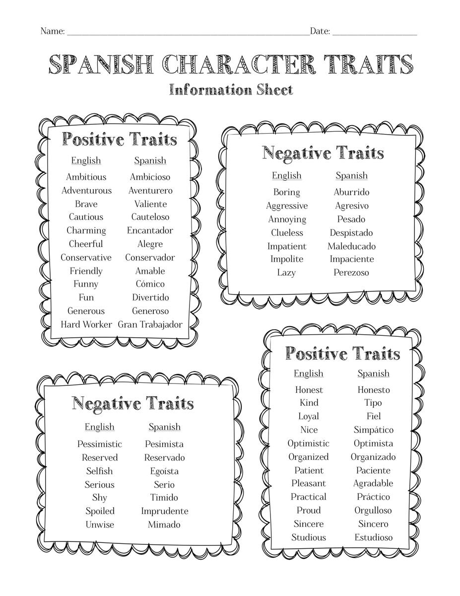 Spanish Character Traits Information Sheet Worksheet Answer Key Made By Teachers