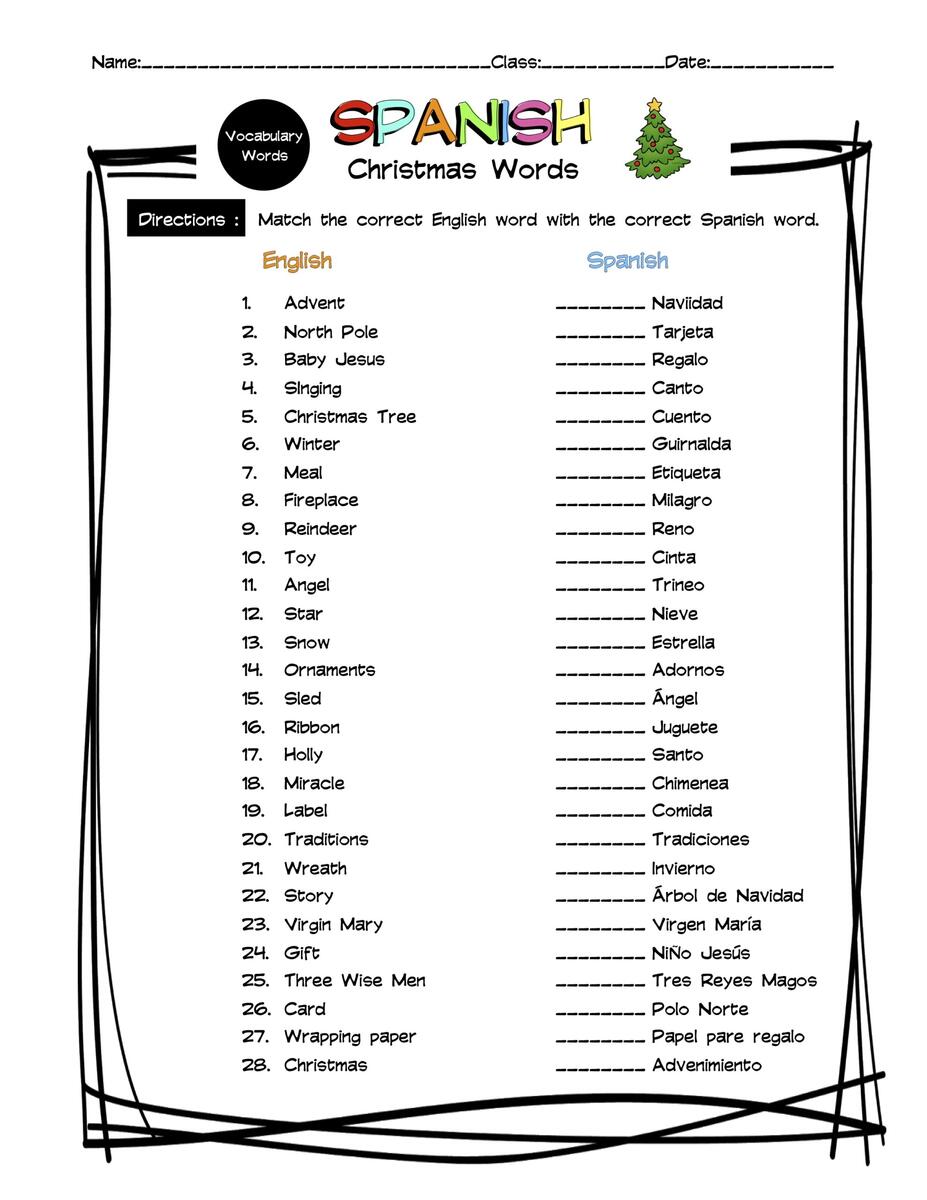 Spanish Christmas Vocabulary Matching Worksheet Answer Key Made By Teachers