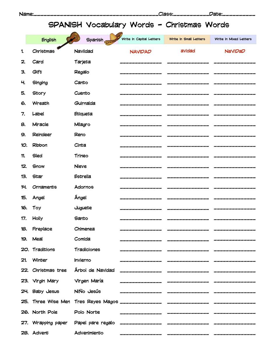 Spanish Christmas Words Vocabulary Word List Column Worksheet Made By Teachers Spanish Christmas Word Search Worksheet Made By Teachers