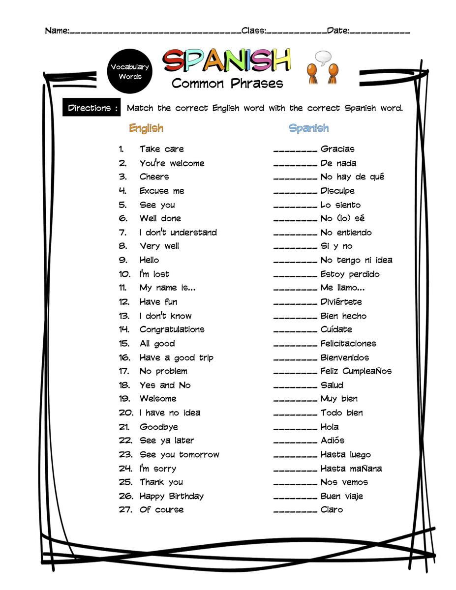 Spanish Common Phrases Vocabulary Matching Worksheet Answer Key Made By Teachers Spanish Common Phrases Vocabulary Matching Worksheet Answer Key Made By Teachers