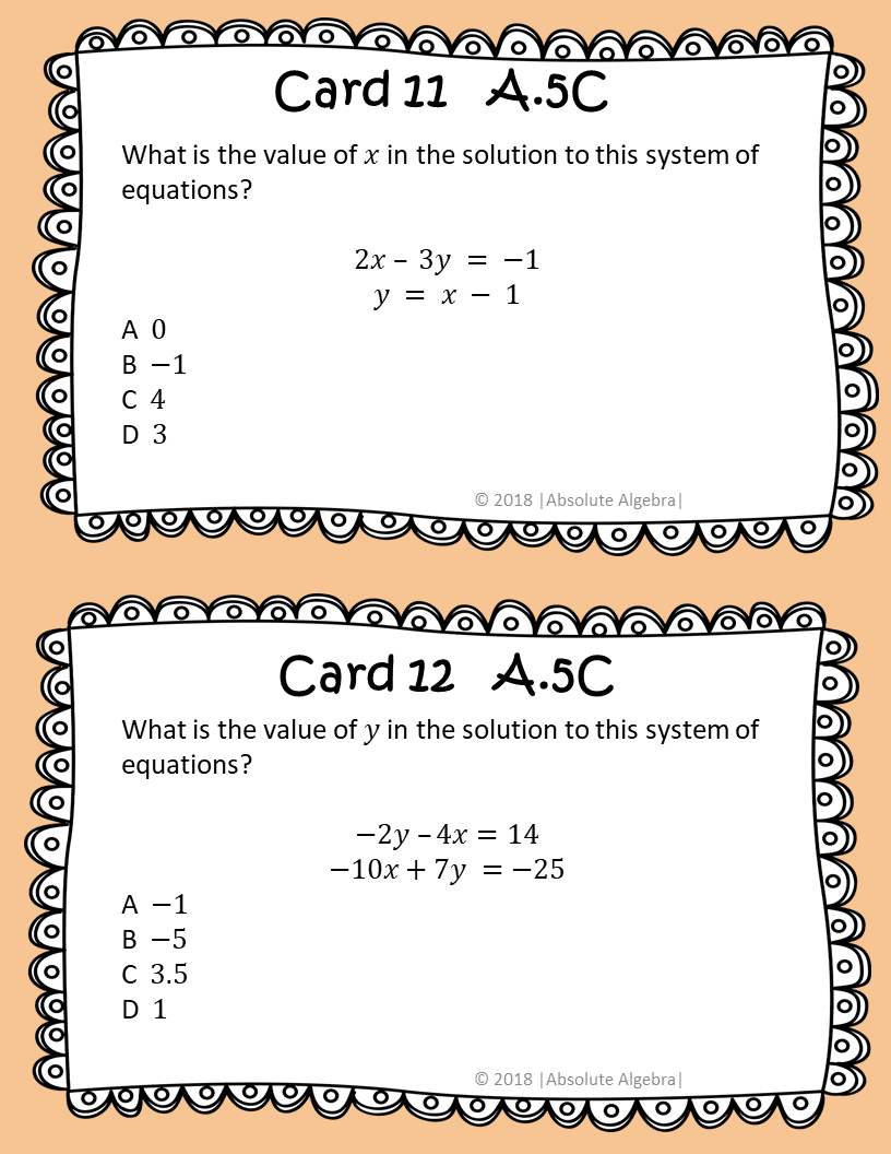 STAAR EOC Algebra 1 Task Cards A 2I And A 5C Systems Of Linear Equations Absolute Algebra