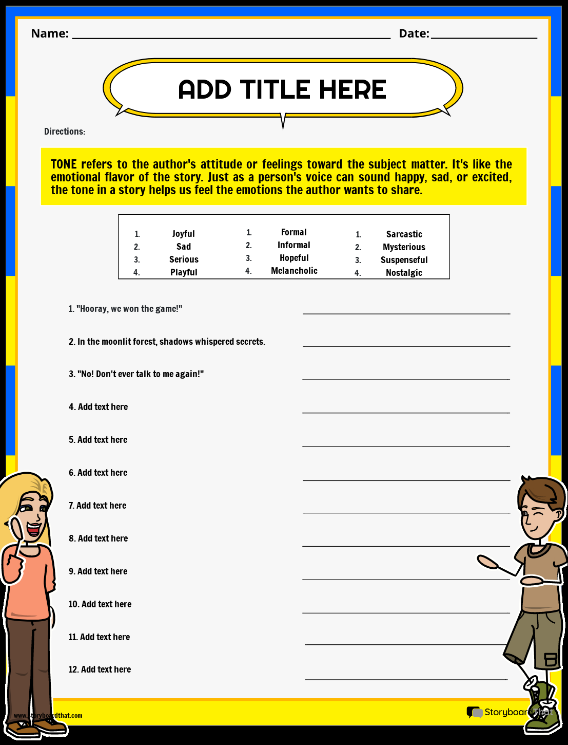 Storyboard That Free Tone And Mood Worksheets Tone Worksheet 1 Reading Activity
