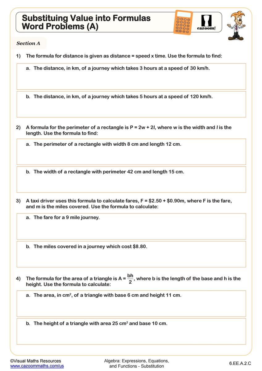 Substituing Value Into Formulas Word Problems A Worksheet Fun And Engaging 6th Grade PDF Worksheets Cazoom Math