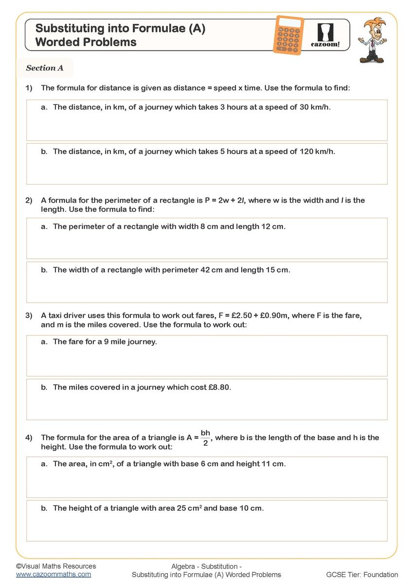 Substituting Into Formulae A Word Problems Worksheet Cazoom Maths Worksheets Systems Of Equations Word Problems Worksheets