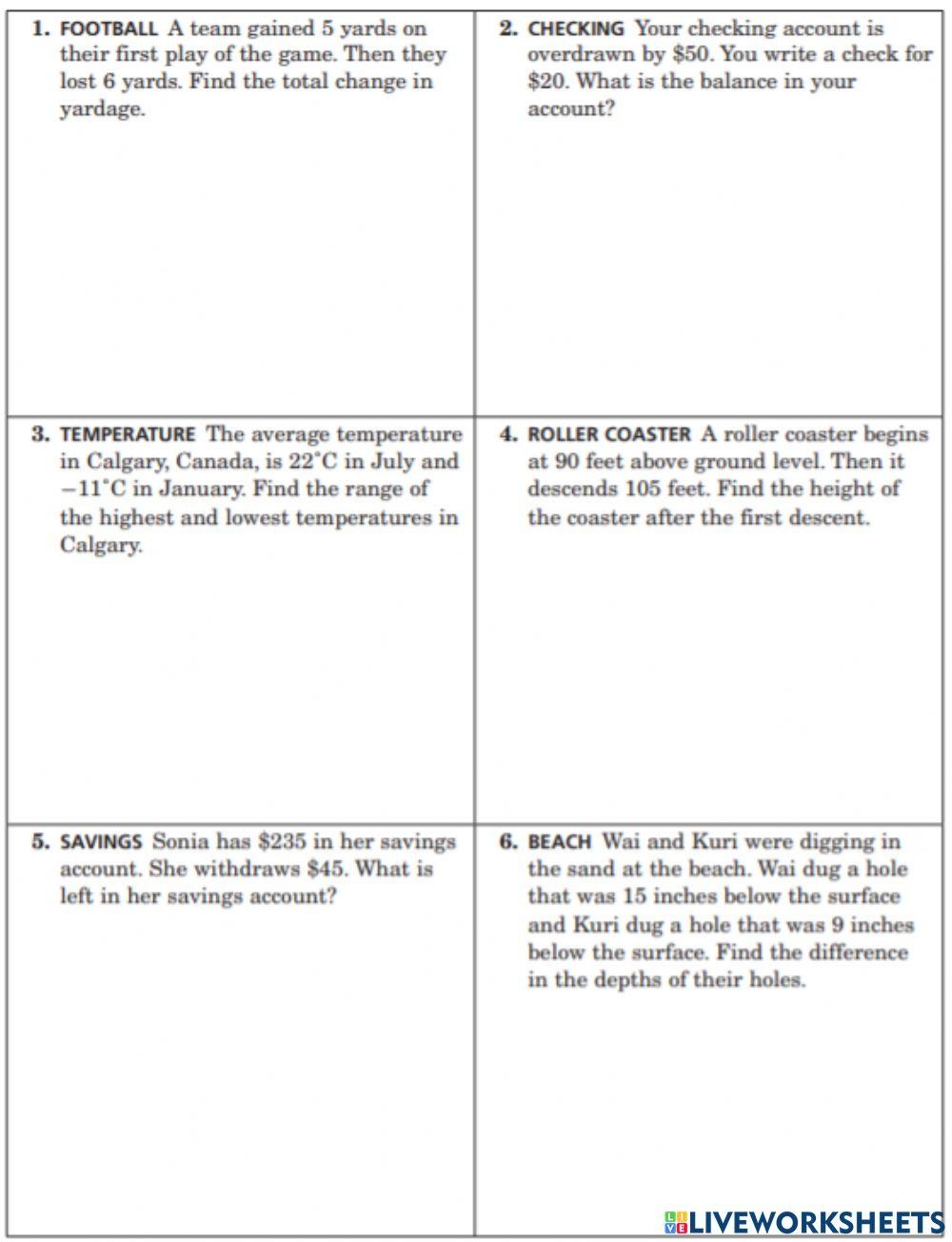 Subtract Integers Word Problem Worksheet Worksheets Library