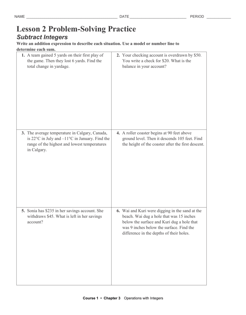 Subtracting Integers Problem Solving Practice Subtracting Integers Problem Solving Practice