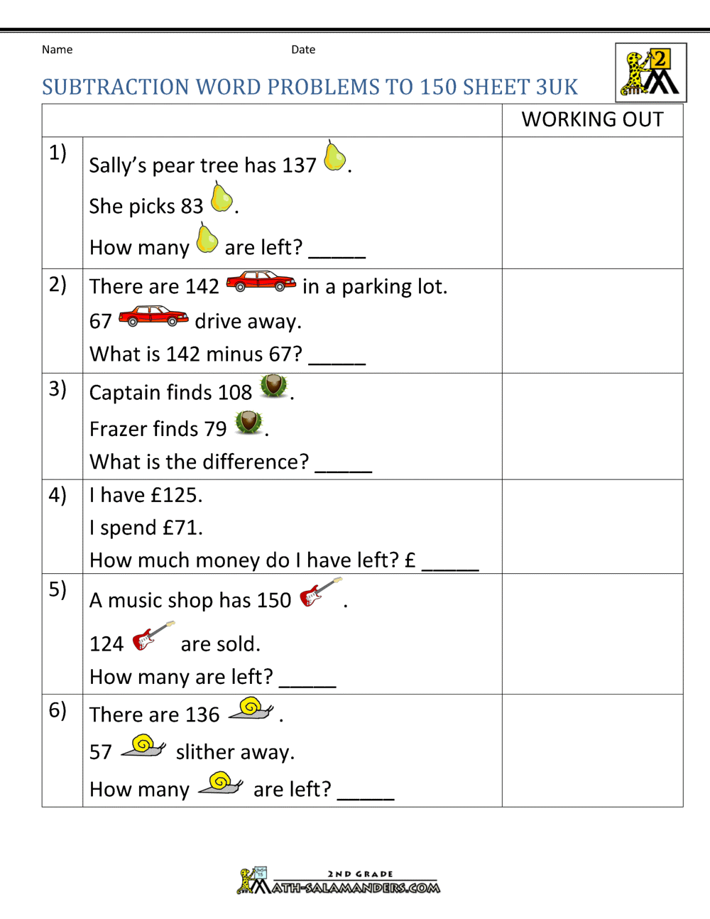 Subtraction Word Problems 2nd Grade Subtraction Word Problems 2nd Grade
