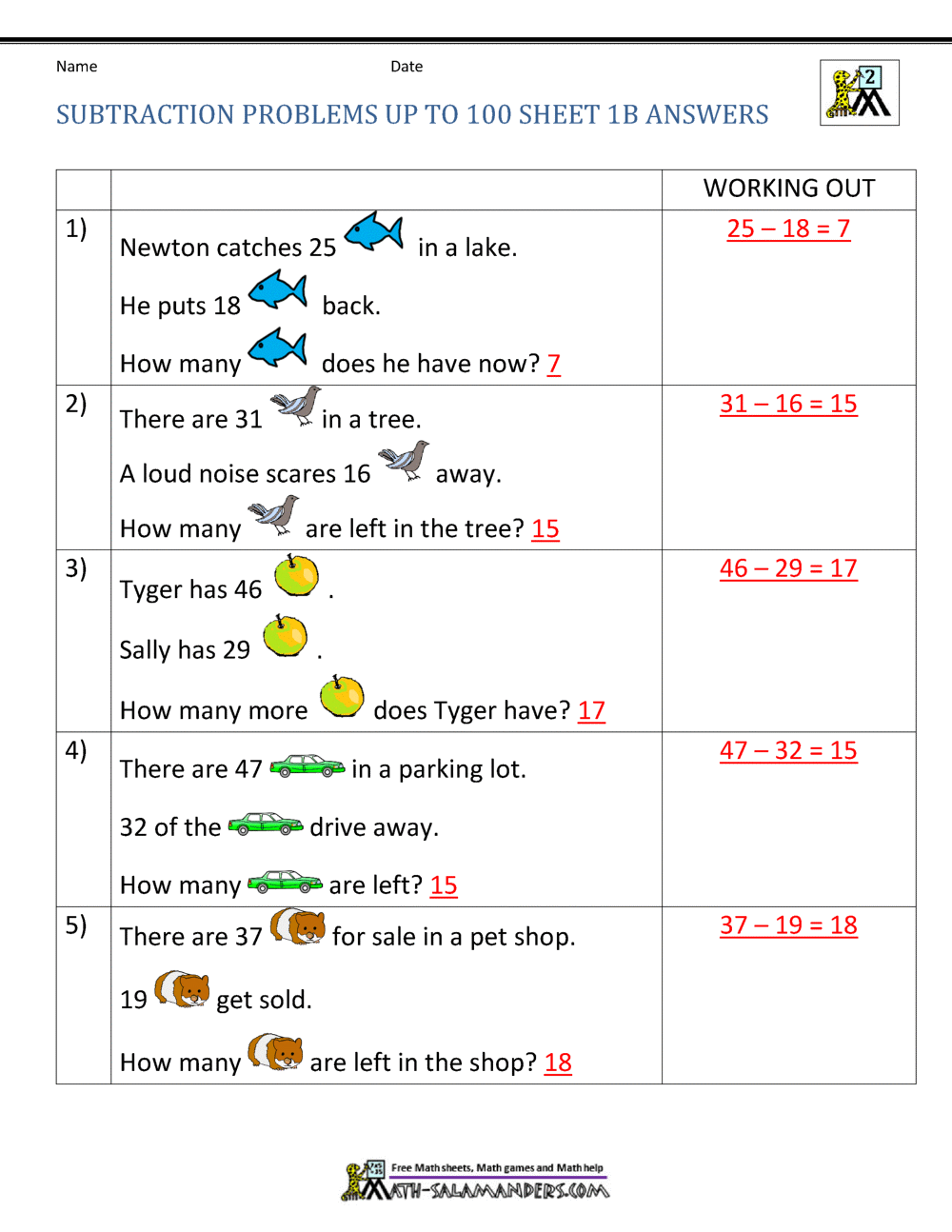 Subtraction Word Problems 2nd Grade