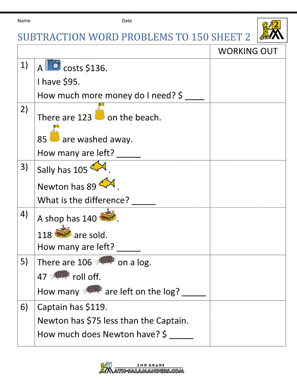 Subtraction Word Problems 2nd Grade