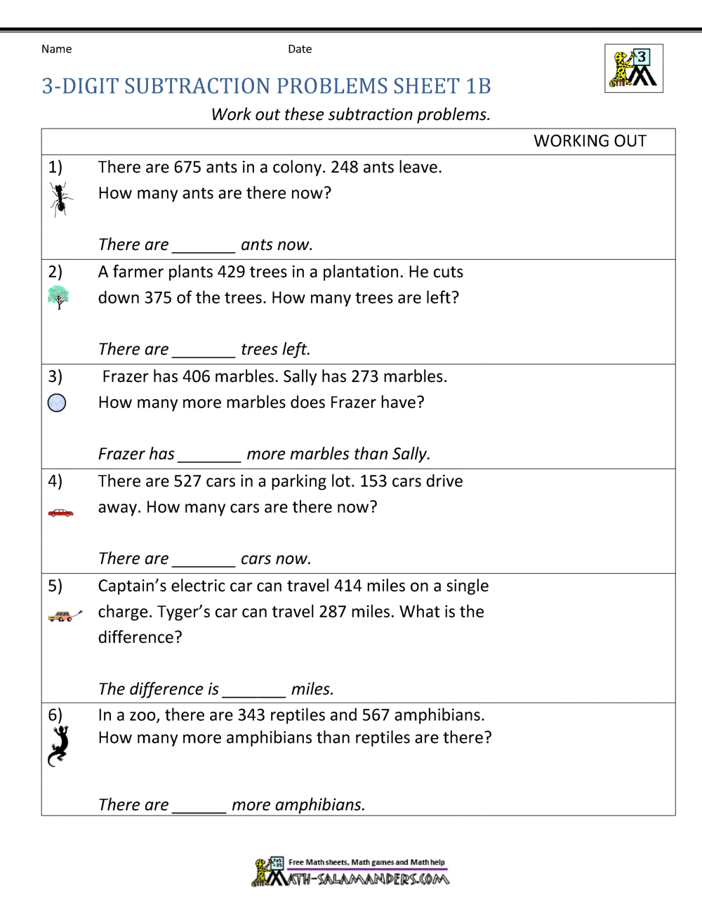 Subtraction Word Problems 3rd Grade
