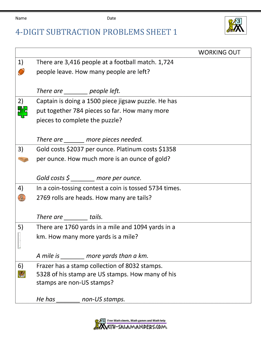 Subtraction Word Problems 3rd Grade