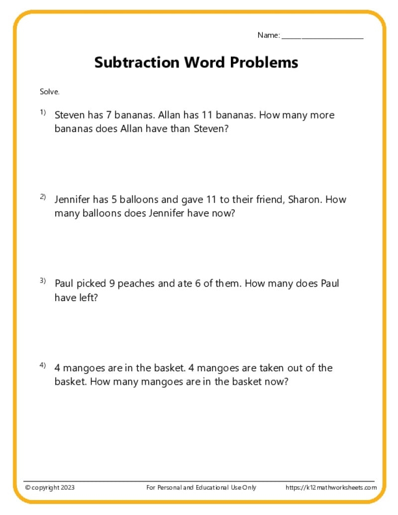 Word Problems Involving Addition And Subtraction Grade1to6