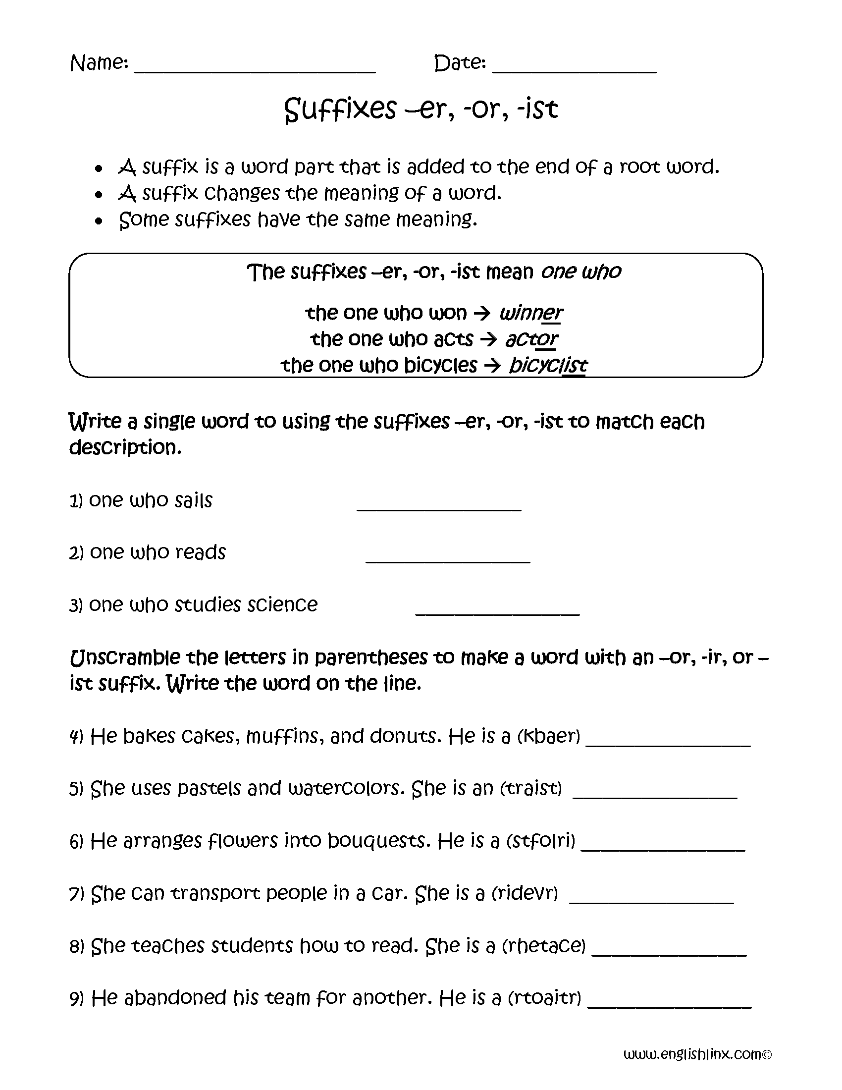 Suffixes Worksheets Suffixes Er And Ist Worksheets Suffix Er And Est