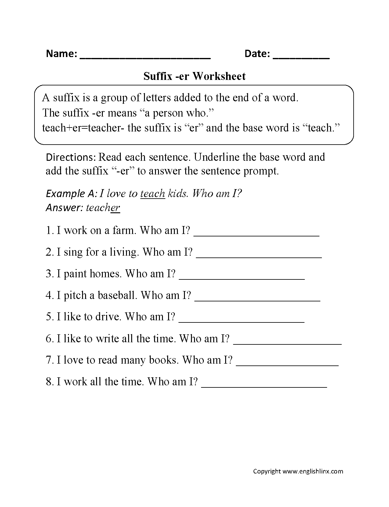 Suffixes Worksheets Suffixes er Worksheets