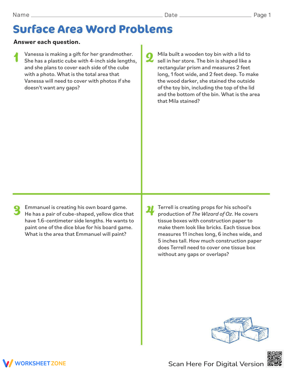 Surface Area Math Word Problems Challenge Worksheet