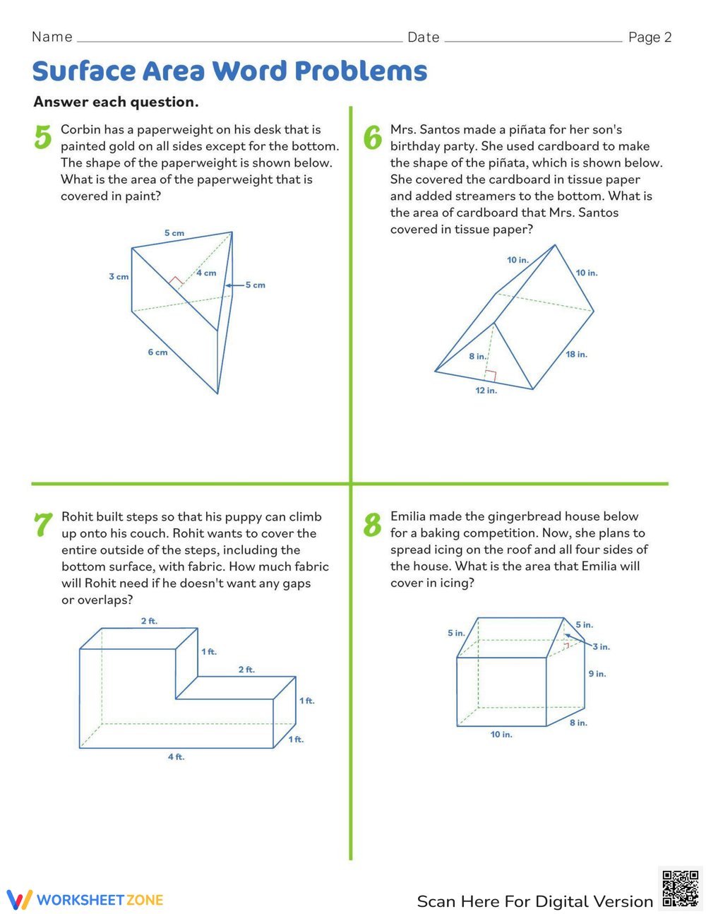 Surface Area Math Word Problems Challenge Worksheet