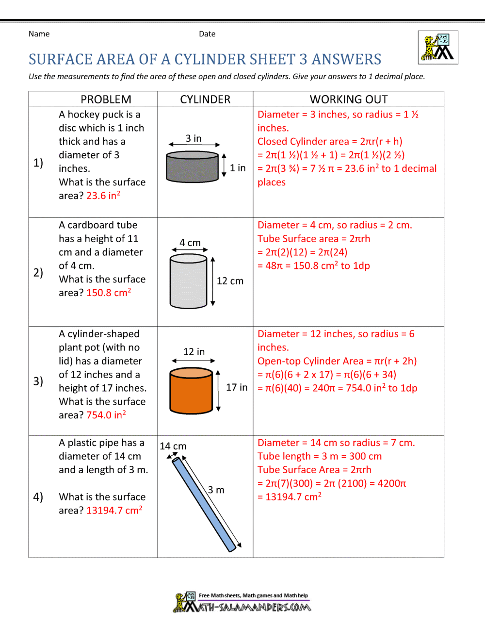Surface Area Of A Cylinder Worksheets Library