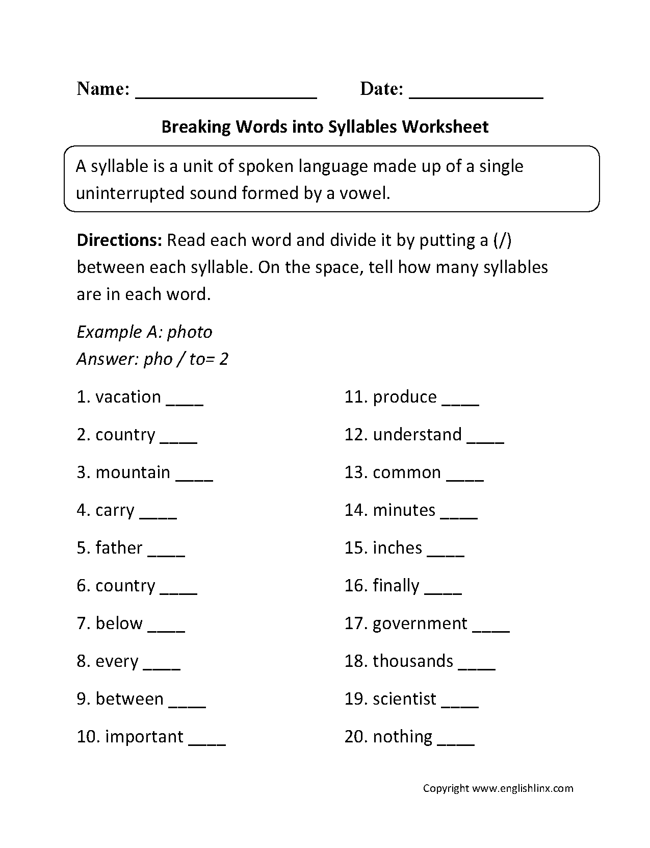 Syllables Worksheets Breaking Words Into Syllables Worksheet Dividing Words Into Syllables Worksheet Worksheets Library