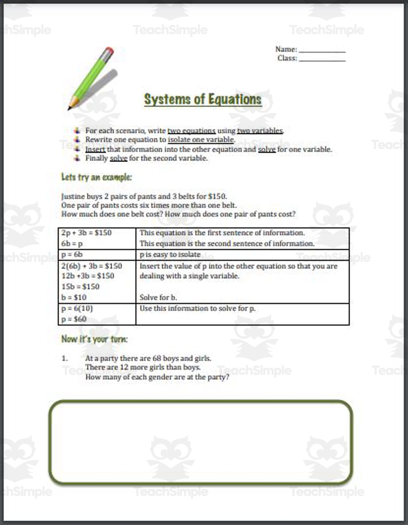 Systems Of Equations Word Problems Worksheet Using Substitution By Teach Simple