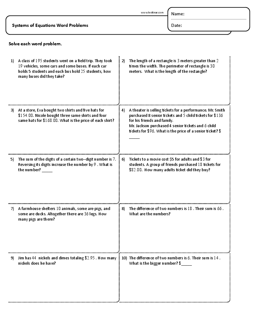 Systems Of Equations Word Problems Worksheets Systems Of Equations Word Problems Worksheets