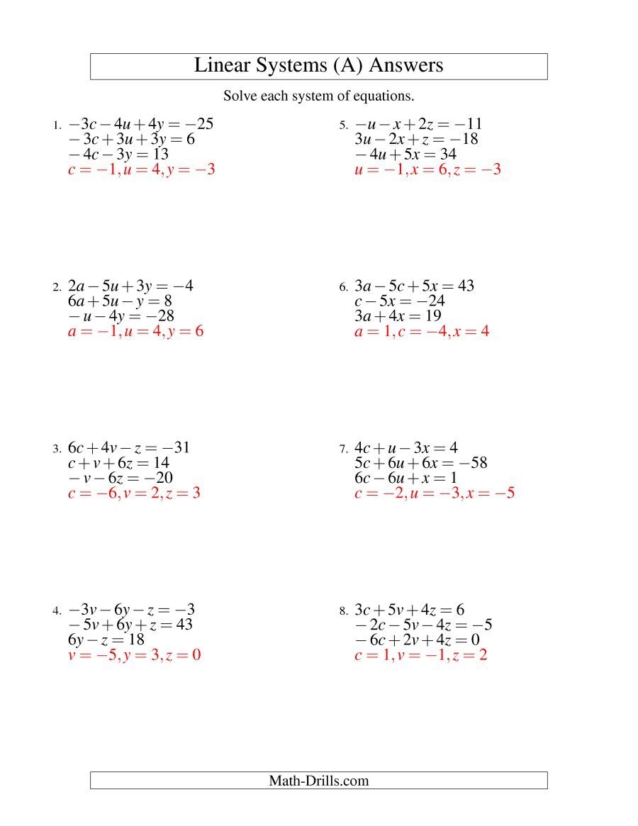 Systems Of Linear Equations Three Variables Including Negative Worksheets Library