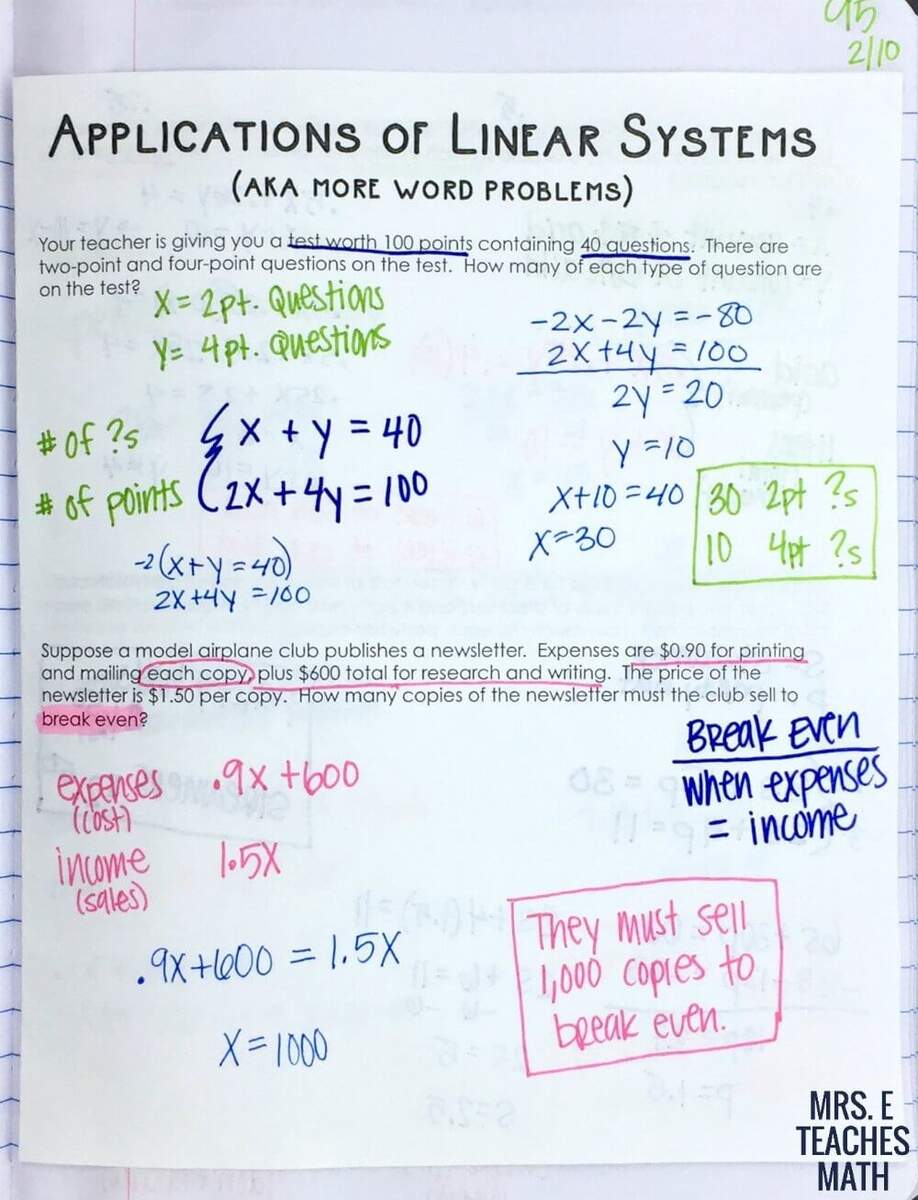 Systems Of Linear Equations Word Problems INB Page Mrs E Worksheets Library