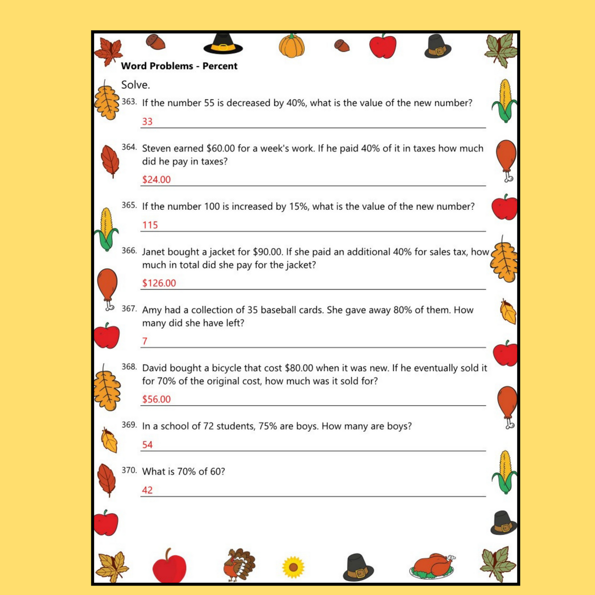 Thanksgiving Ratio And Percent 20 Worksheets Math Practice PDF Teaching Resources