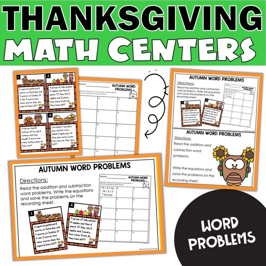Thanksgiving Word Problems Fluency Center Worksheet 2nd Game Fall Add Subtract Teaching Ideas Made Easy