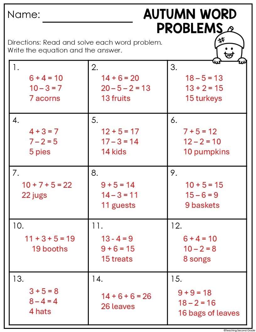 Thanksgiving Word Problems Fluency Center Worksheet 2nd Game Fall Add Subtract Teaching Ideas Made Easy