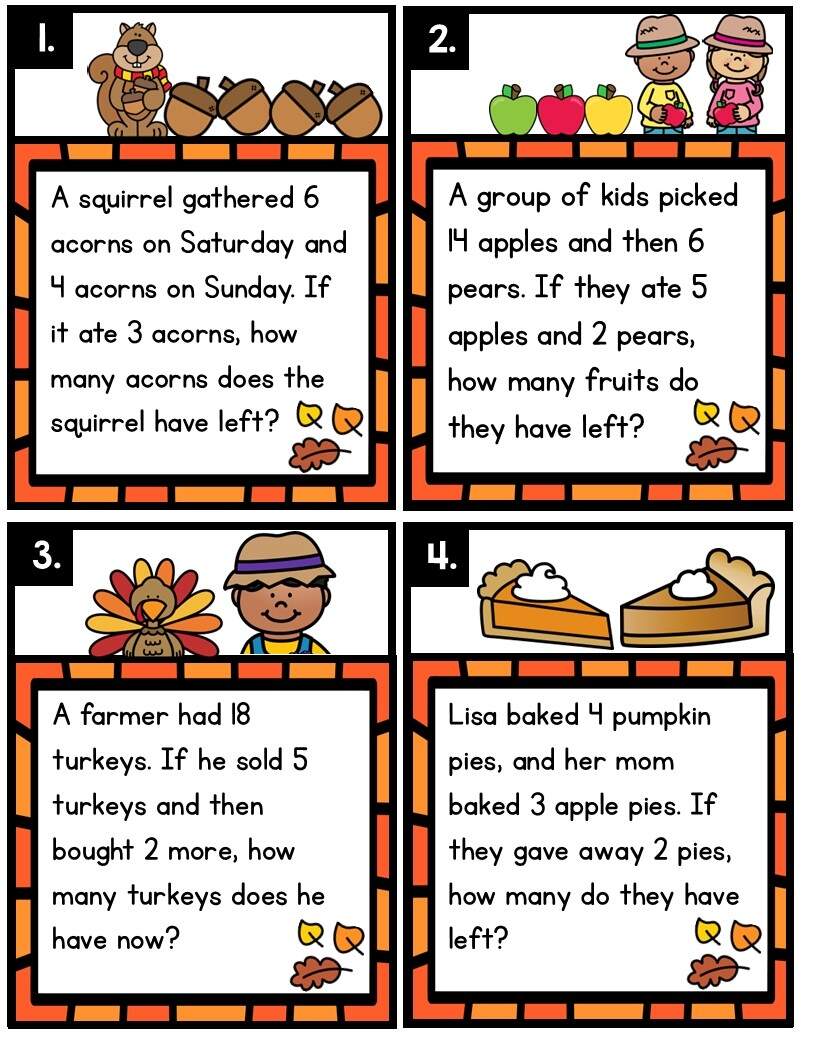 Thanksgiving Word Problems Fluency Center Worksheet 2nd Game Fall Add Subtract Teaching Ideas Made Easy