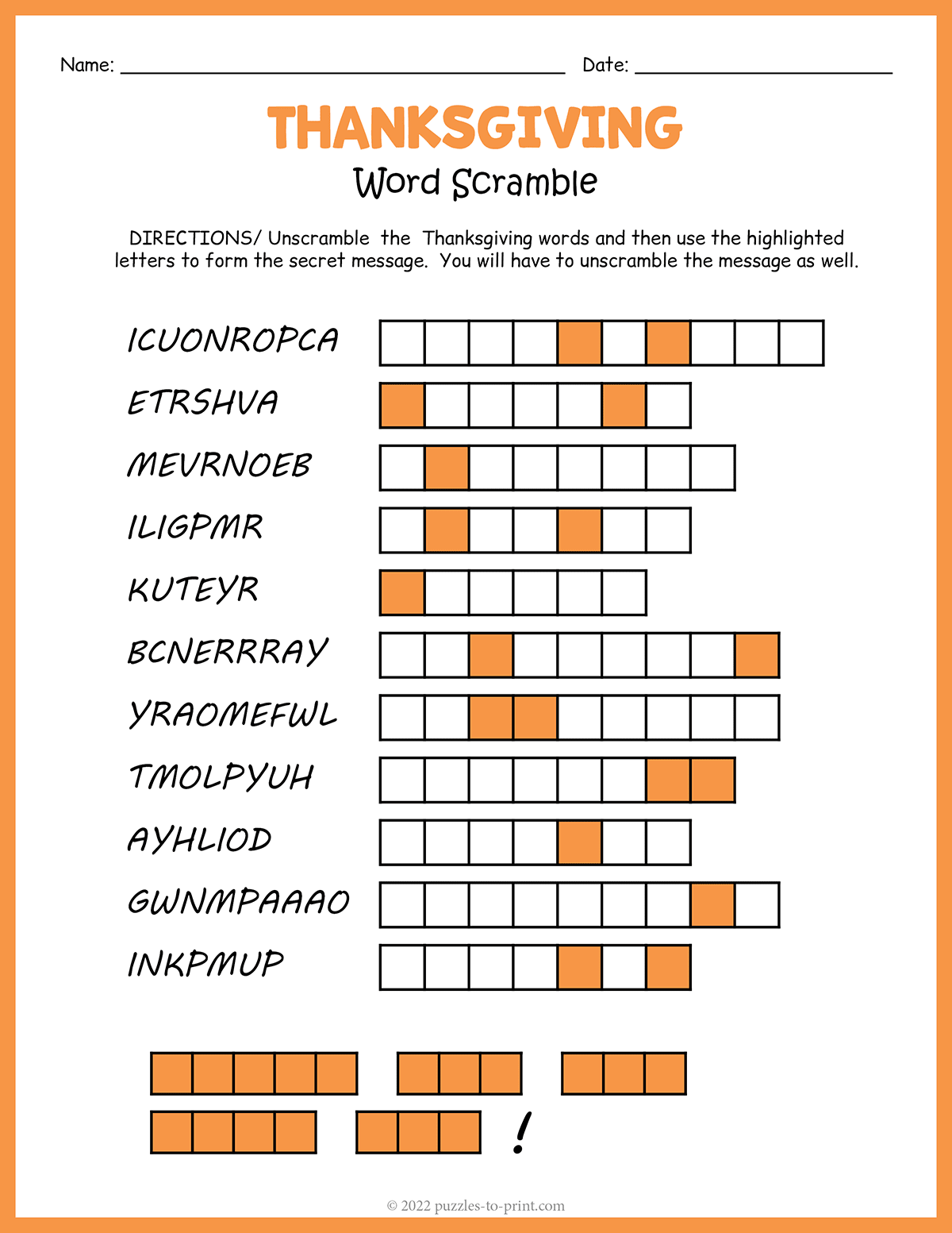 Thanksgiving Word Scramble Thanksgiving Word Scramble
