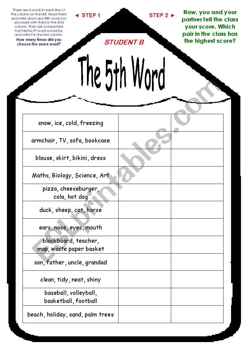 THE 5TH WORD VOCABULARY GAME WORD ASSOCIATION ACTIVITY FUN CLASSROOM COMPETITION Fully Editable Speaking And Listening Activity Good For Adults Too ESL Worksheet By Lina Ladybird