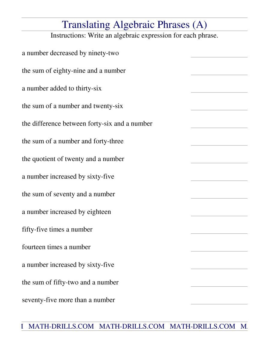 The Translating Algebraic Phrases A Math Worksheet From The Worksheets Library The Translating Algebraic Phrases A Math Worksheet From The Worksheets Library