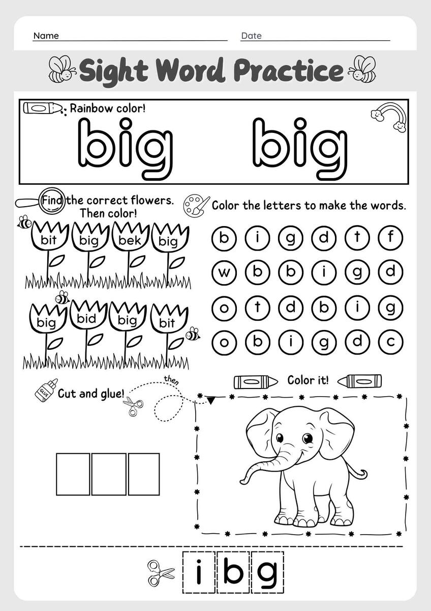 The Word Big Sight Word Cut And Paste Worksheet For Early Learners Pre K Ezpzphonics Fun And Effective Sight Words Worksheets For Young Readers Made By Teachers