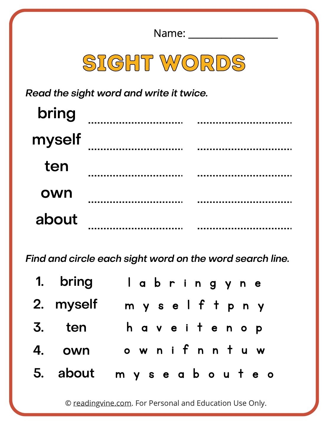 Third Grade Sight Words ReadingVine