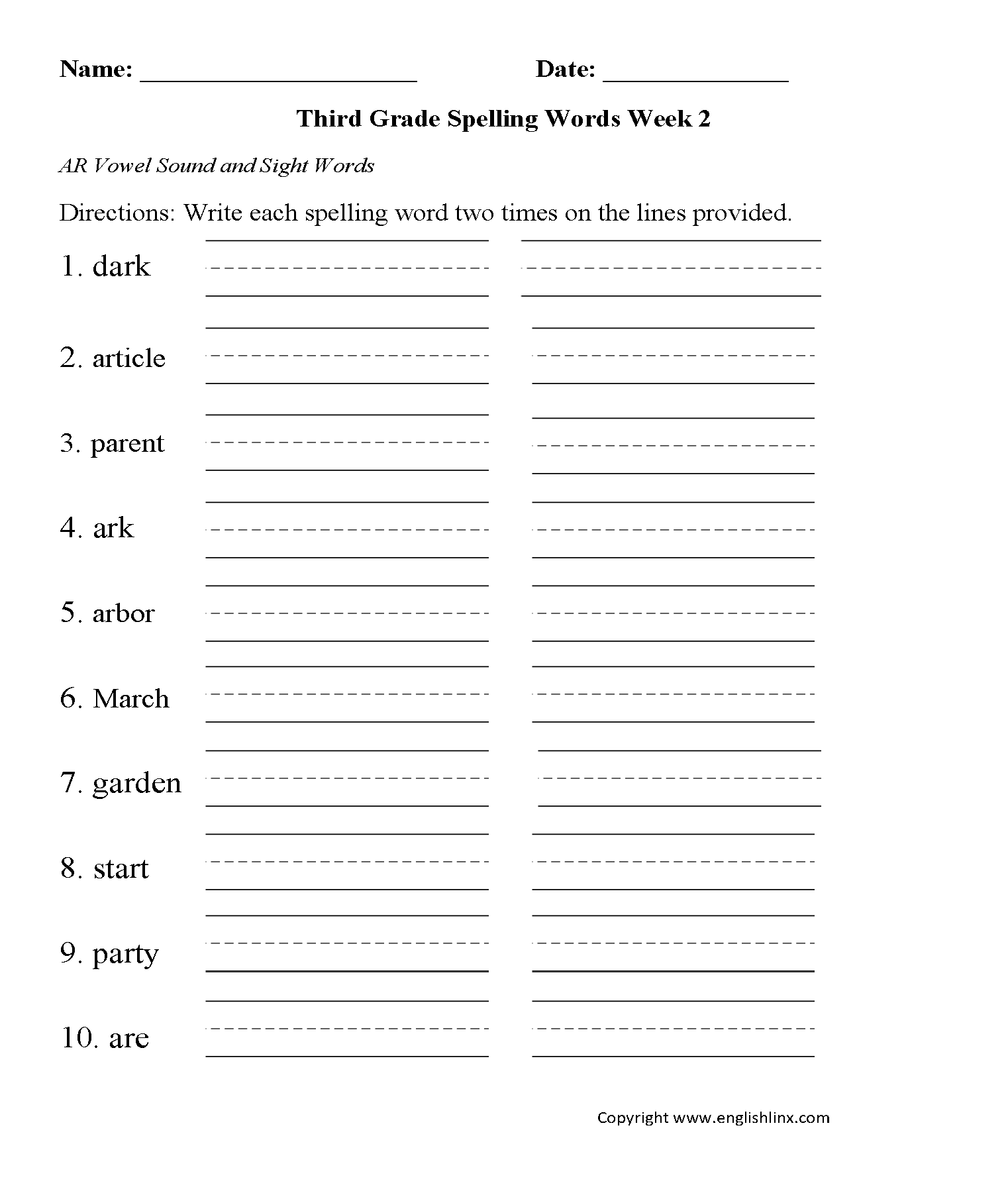 Third Grade Spelling Worksheets Week 2 AR Vowel Third Grade Spelling Worksheets Sound Button Spelling Worksheet Ar Top Teacher