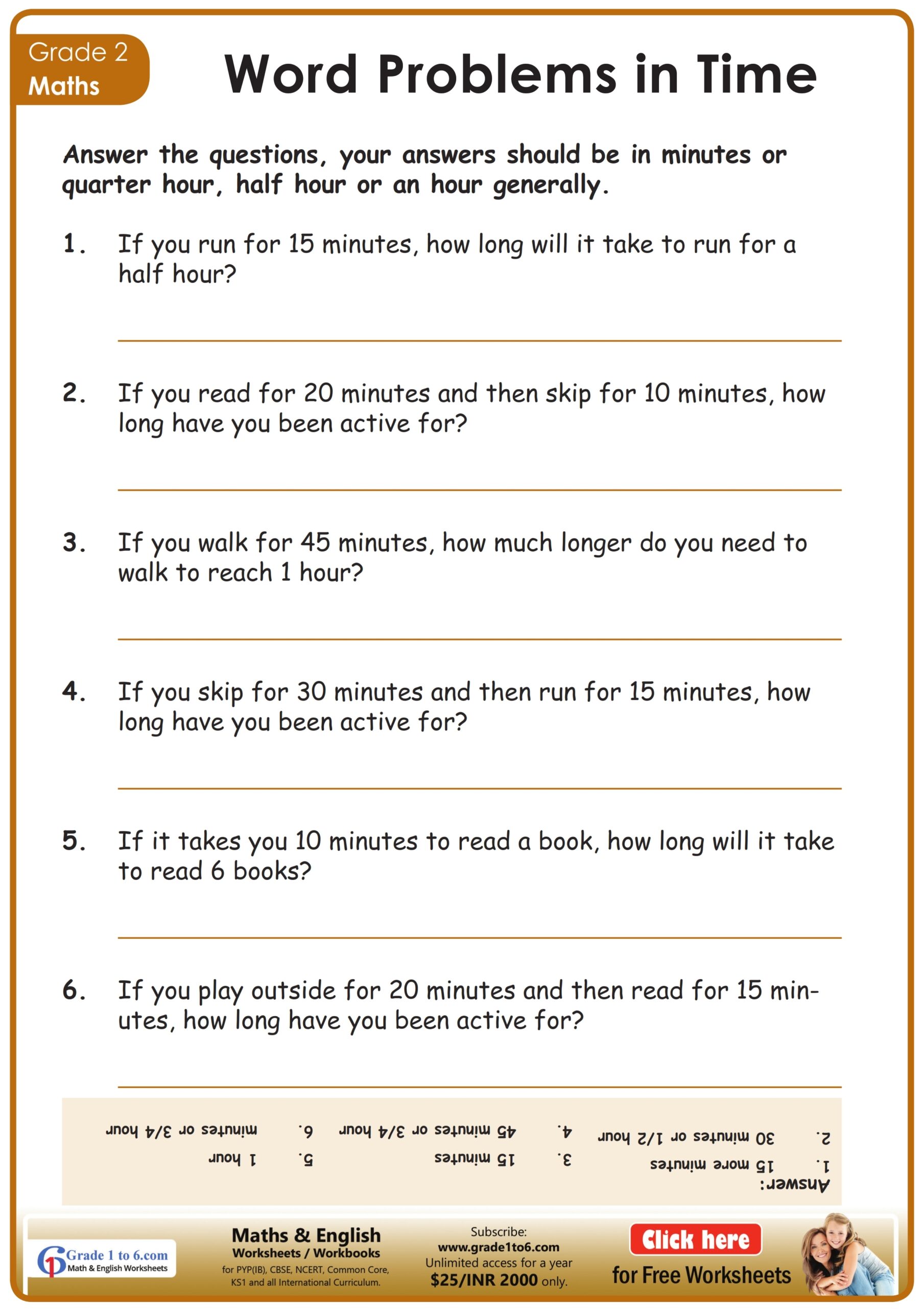 Time Word Problems Worksheet Grade1to6