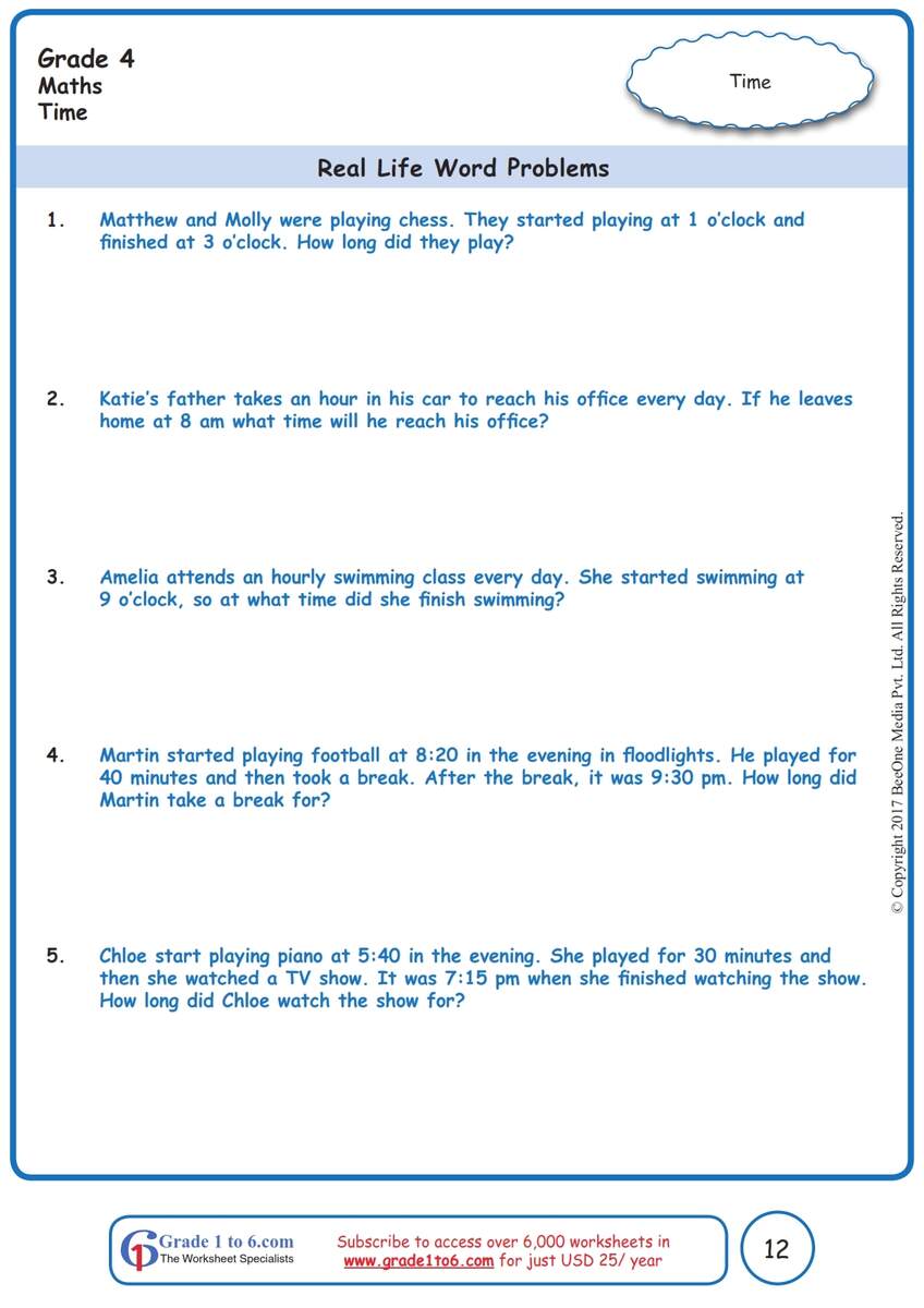 Time Word Problems Worksheets Www Grade1to6