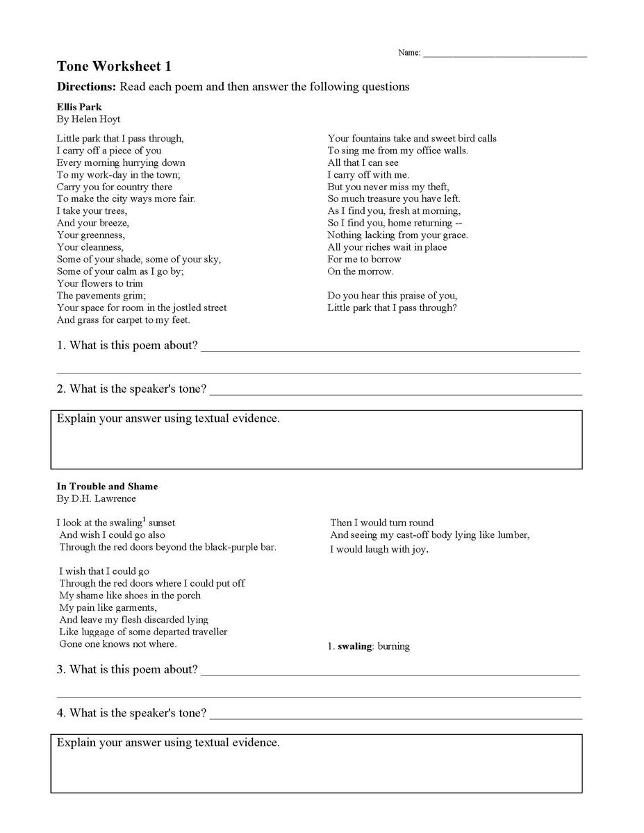 Tone Worksheet 1 Reading Activity Tone Worksheet 1 Reading Activity