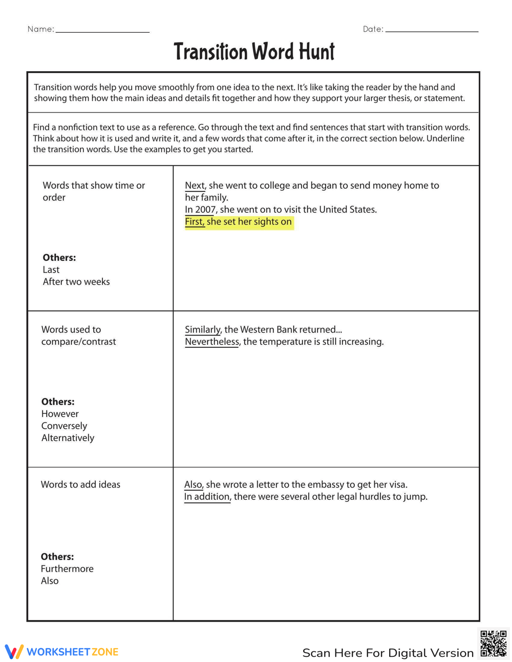 Transition Words Worksheets Printable
