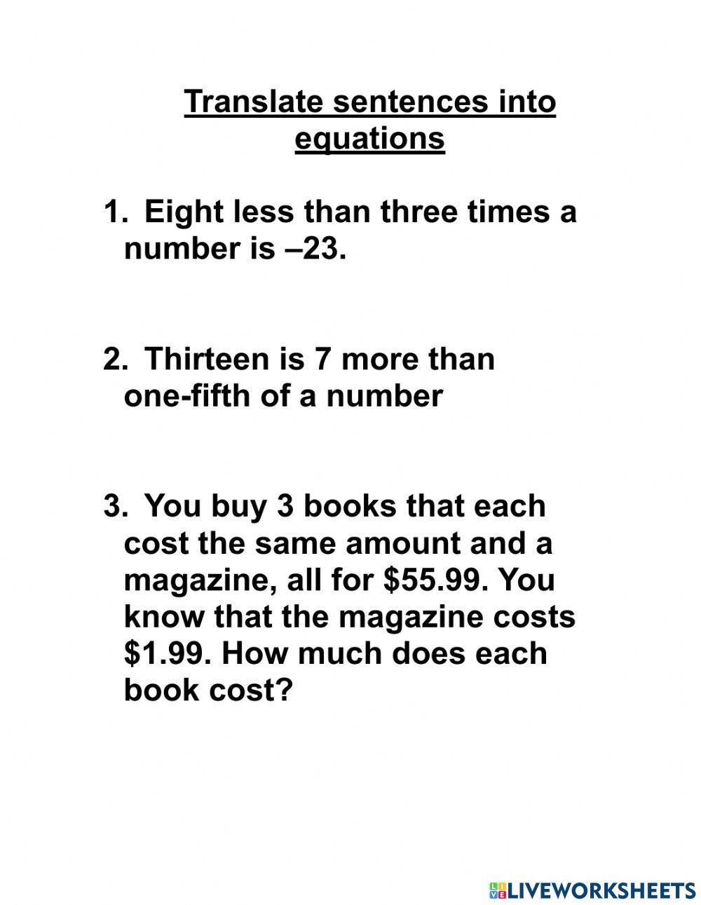 Translate Sentences Into Equations Worksheet Worksheets Library