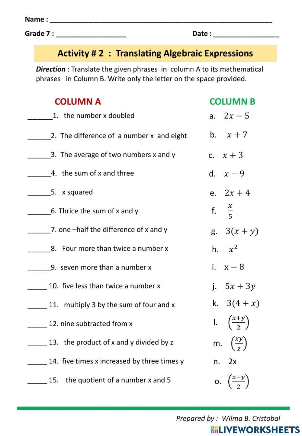 Translating Algebraic Expressions Interactive Worksheet Live Worksheets Library